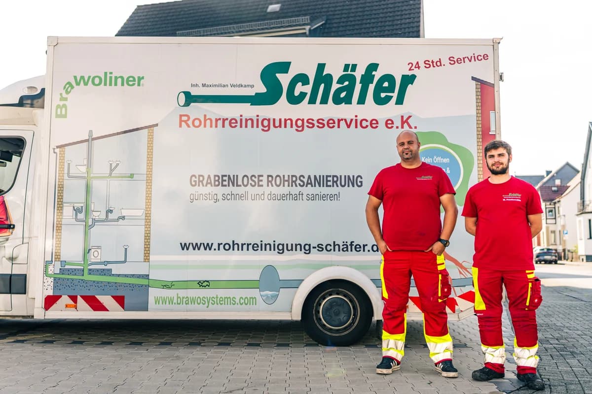 Beschriftetes Kofferfahrzeug der Hermann Schäfer Rohrreinigungsservice e.K. mit Leistungsübersicht zur grabenlosen Rohrsanierung