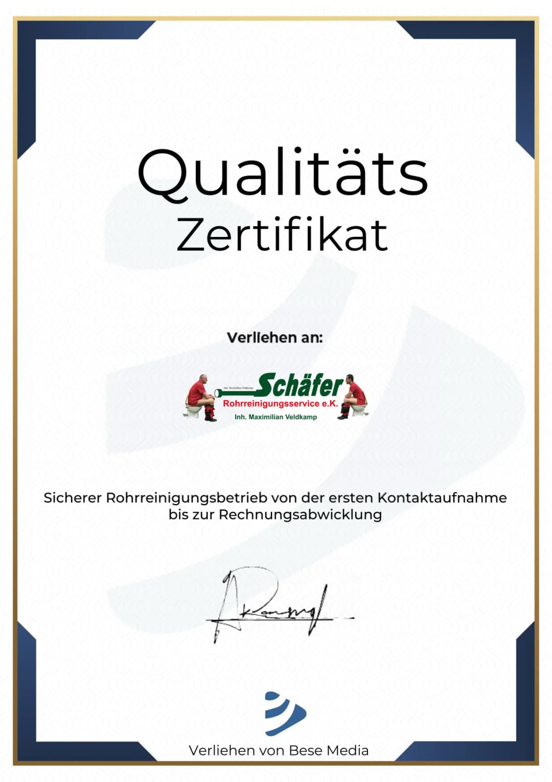 Qualitätszertifikat der Hermann Schäfer Rohrreinigungsservice e.K.