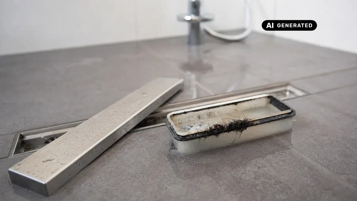 KI-generiertes Bild: Bodengleicher Duschablauf mit abgenommener Edelstahlblende und herausgezogenem Haarsieb in einem modernen Bad