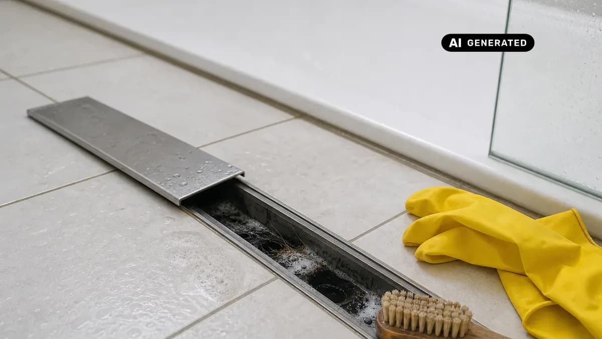 KI-generiertes Bild: Bodengleiche Dusche mit modernem Abflussdeckel – Detailaufnahme bei der Siphon-Reinigung mit Bürste und Schutzhandschuhen