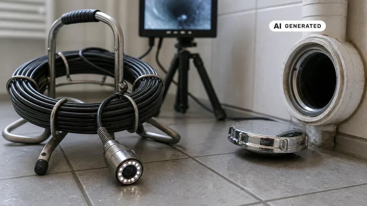 KI-generiertes Bild: Techniker schiebt eine Kanal-TV-Kamera in eine geöffnete Abwasserleitung und beobachtet dabei das Live-Bild auf einem Monitor
