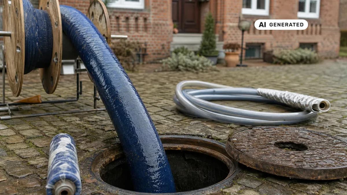 KI-generiertes Bild: Fachmann schiebt einen mit Harz getränkten Schlauchliner durch einen offenen Revisionsschacht vor einem älteren Wohnhaus in die Abwasserleitung