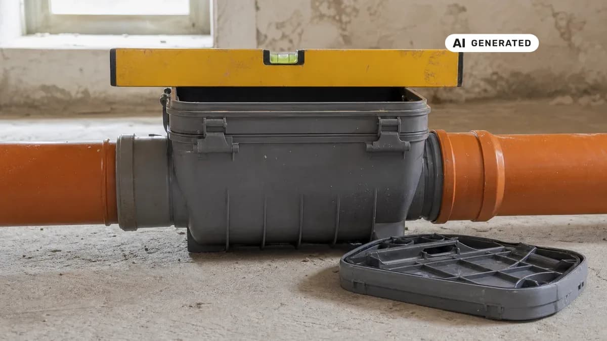 KI-generiertes Bild: Handwerker in einem Keller justiert mit einer Wasserwaage eine Rückstauklappe in einer horizontal verlaufenden Abwasserleitung, der Revisionsdeckel ist abgenommen