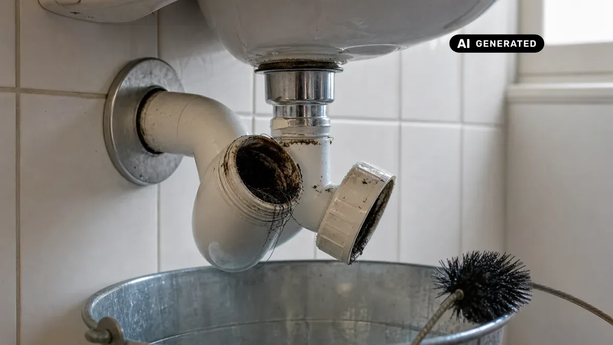 KI-generiertes Bild: Geöffneter Siphon unter einem Waschbecken wird mit einer Bürste über einem Eimer gesäubert