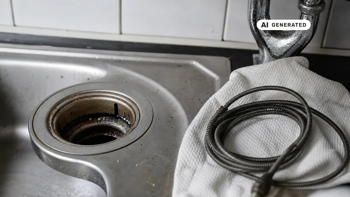 KI-generiertes Bild: Fachmann reinigt unter dem Spülbecken den Küchenabfluss mit einer professionellen Rohrreinigungsspirale