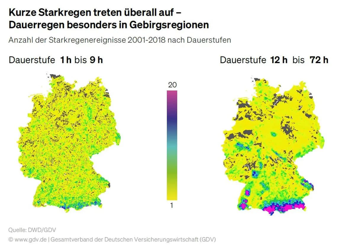 Karte Deutschland: Kurze Starkregen treten überall auf – Quelle GDV Naturgefahrenreport 2025
