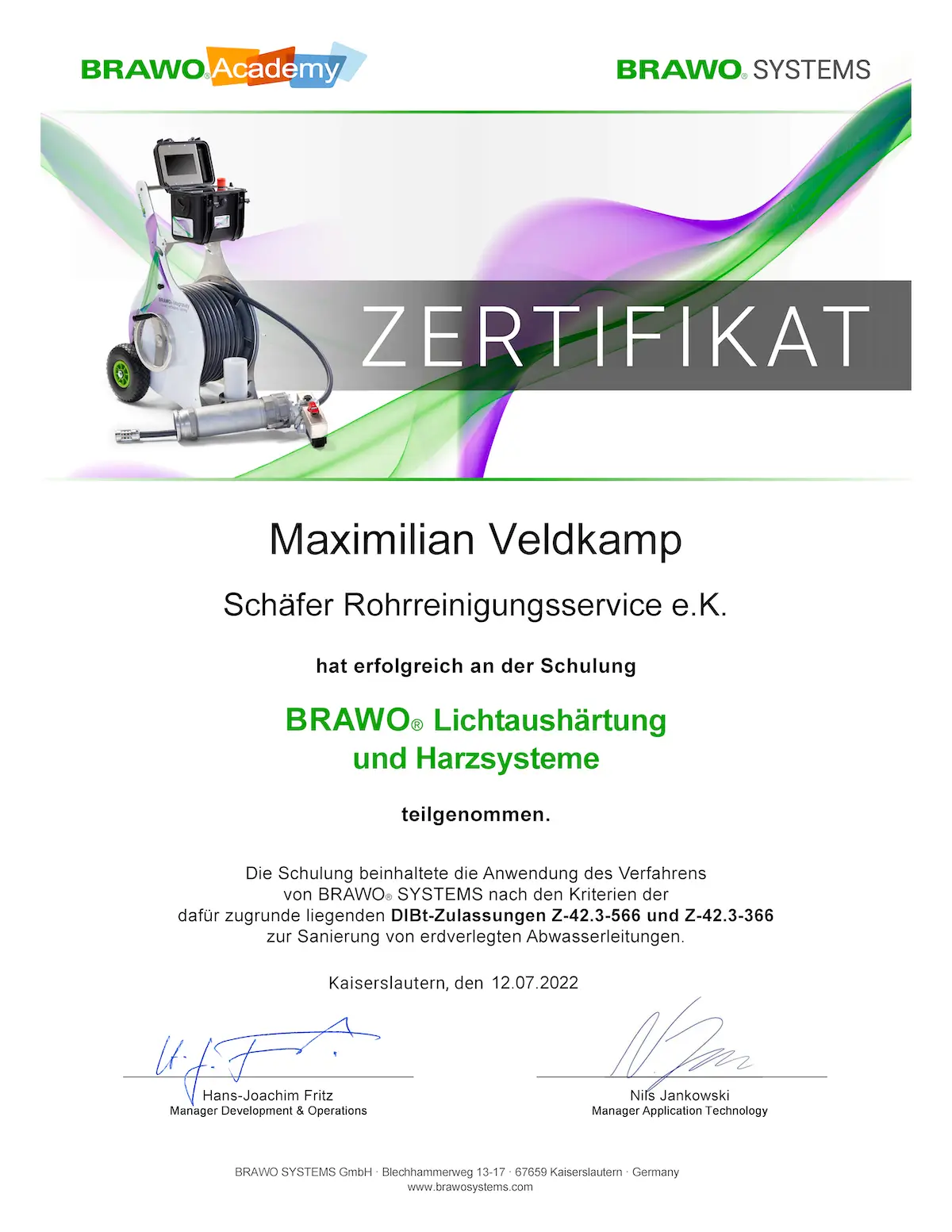 Zertifikat der Hermann Schäfer Rohrreinigungsservice e.K.