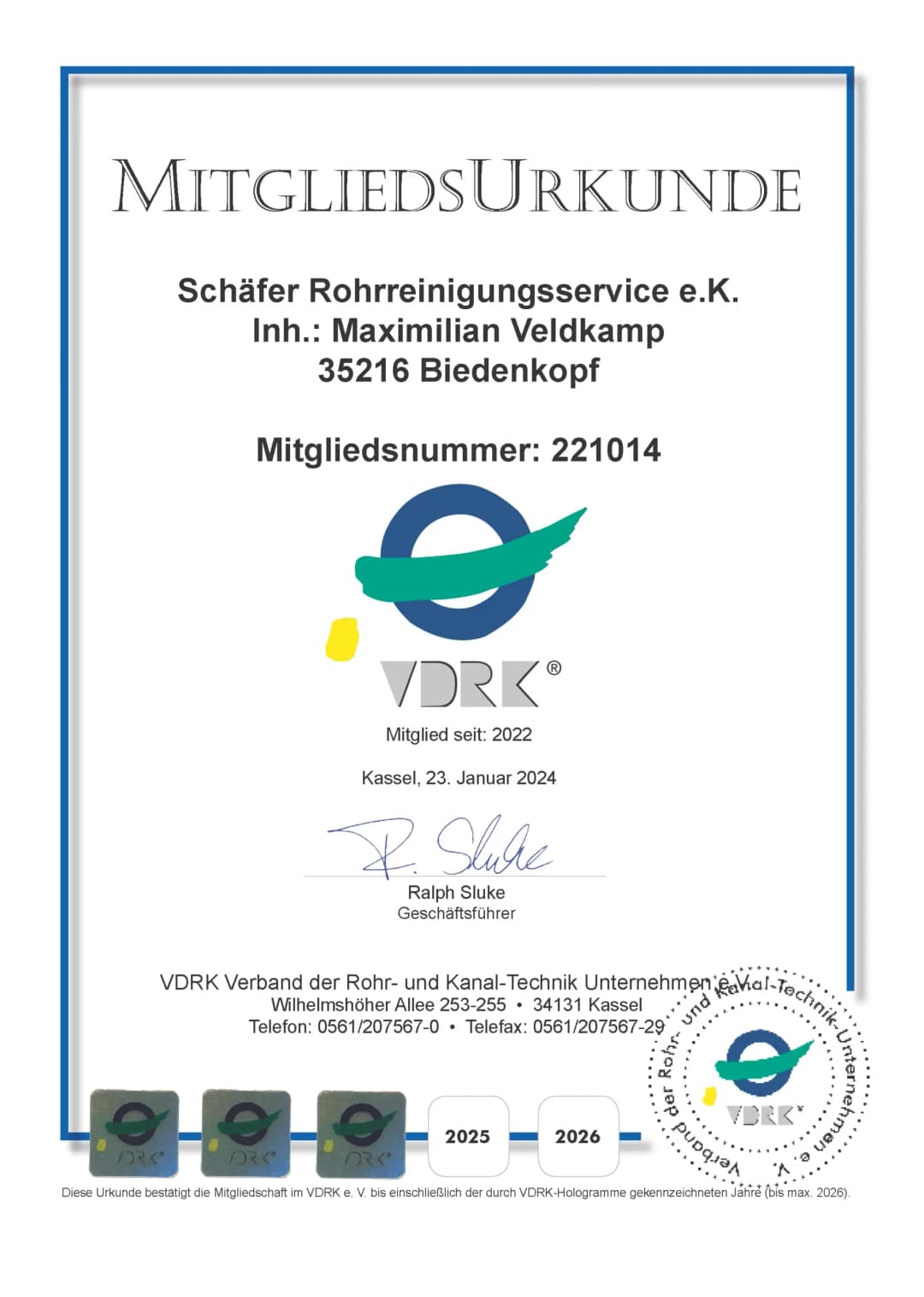 Zertifikat der Hermann Schäfer Rohrreinigungsservice e.K.